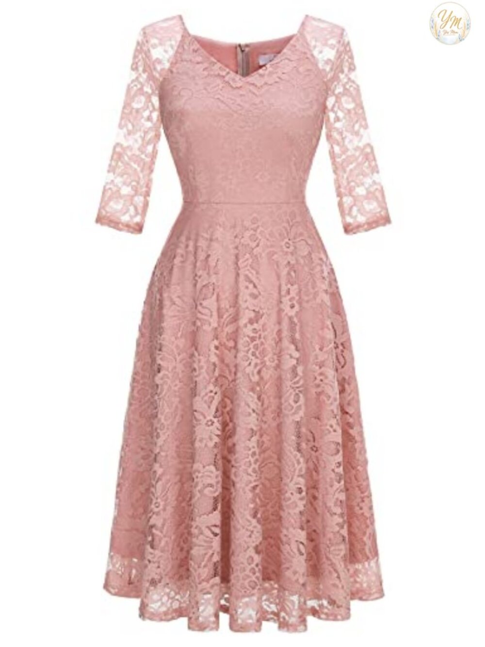 Lace A-Line V-Neck 3/4 Sleeve Midi Cocktail Dress Wedding Guest Formal